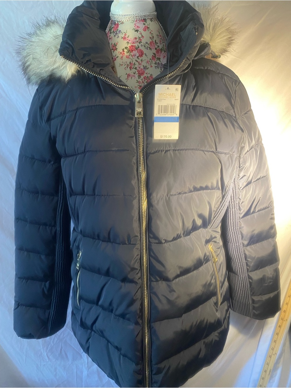 Michael Kors Navy Quilted Hooded Puffer with Faux Fur Trim